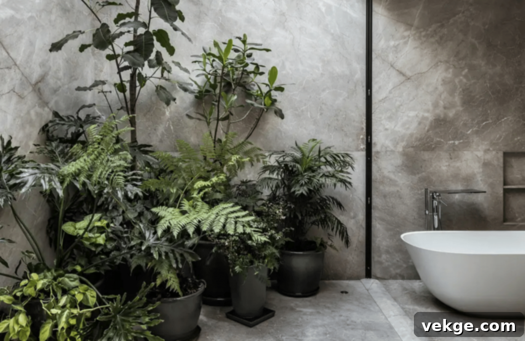 Gray Stone Bathroom With a Private Patio, featuring textured stone and lush plants