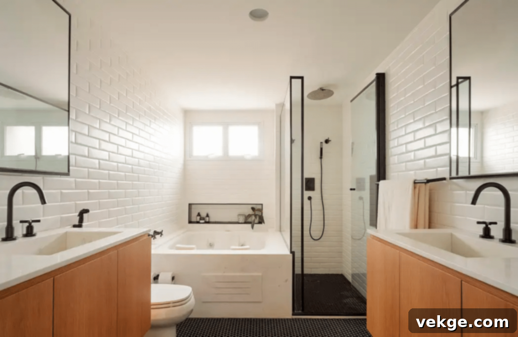 Modern Bathroom Designed with Dark Floors and Warm Wood Surfaces, combining wood, metal, ceramic