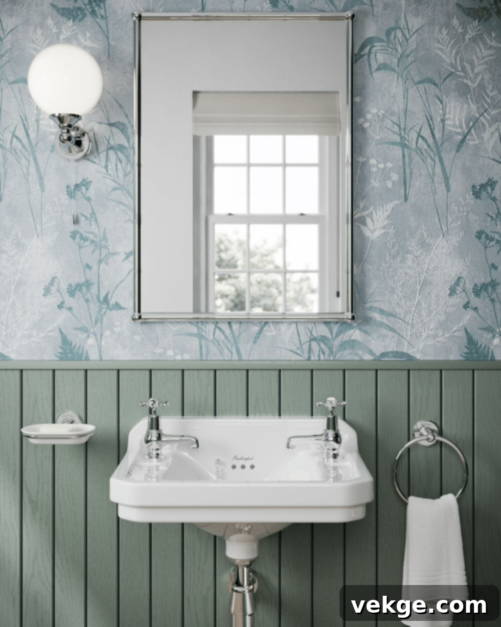 Botanical wallpaper paired with wooden paneling and polished silver accents in a bathroom