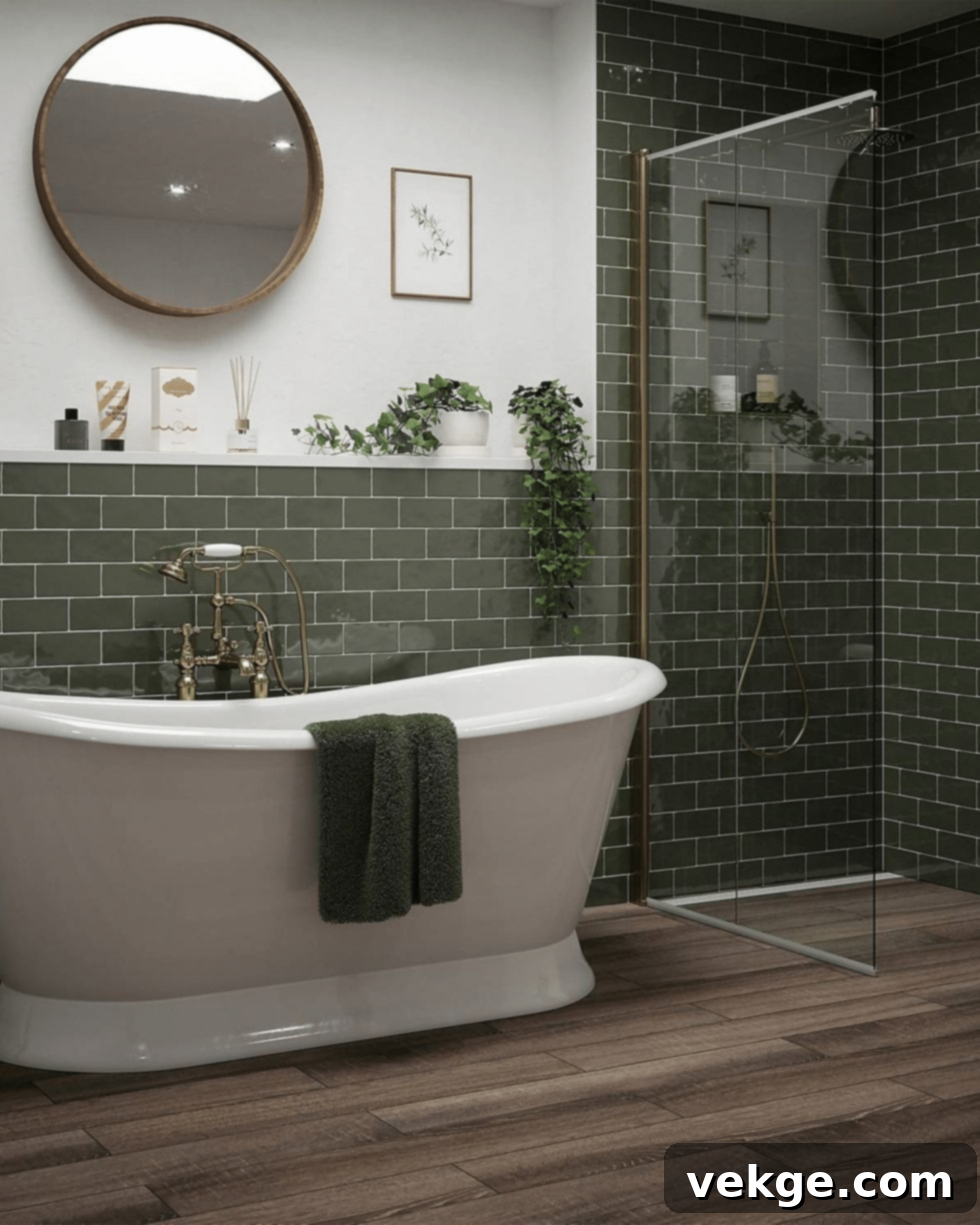 Country style bathroom with moss-green tiles, wood flooring, and white walls