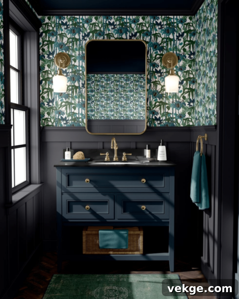 Bathroom with eye-catching jungle print wallpaper and matte black wall painting