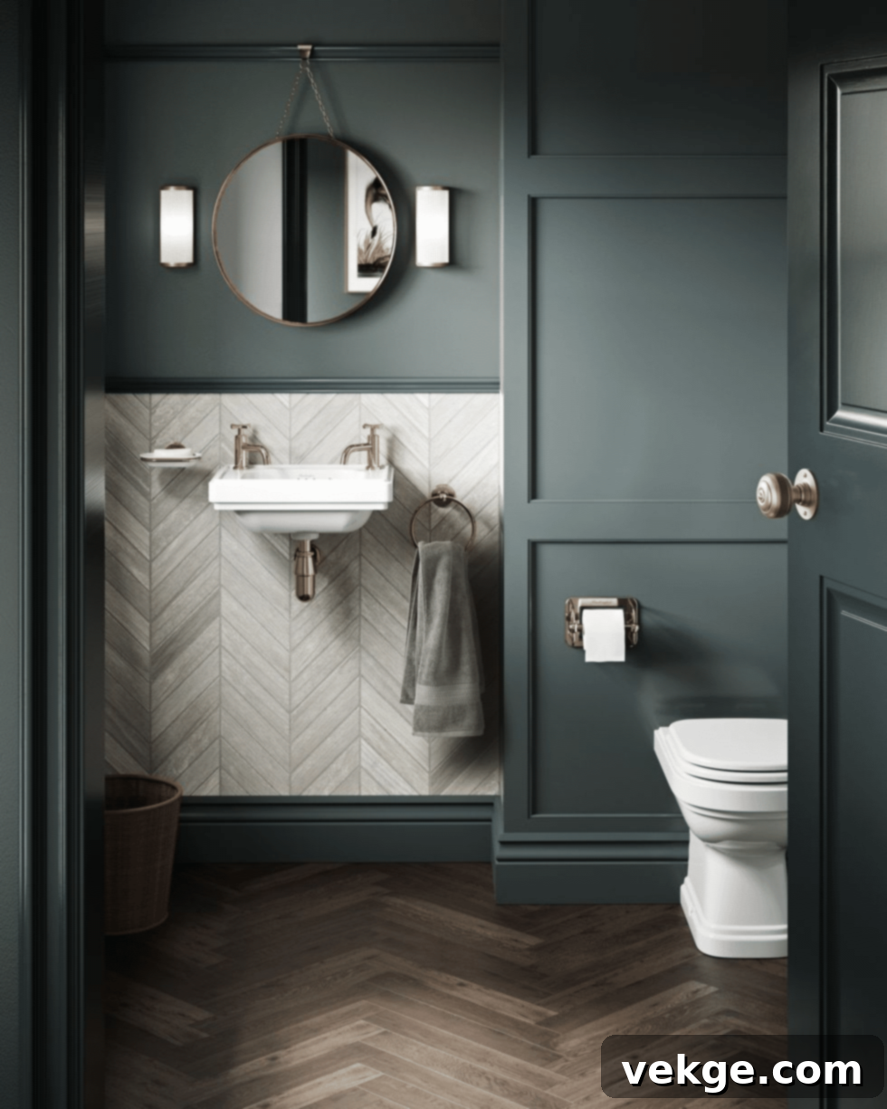 Contemporary bathroom with gray-blue wooden paneling