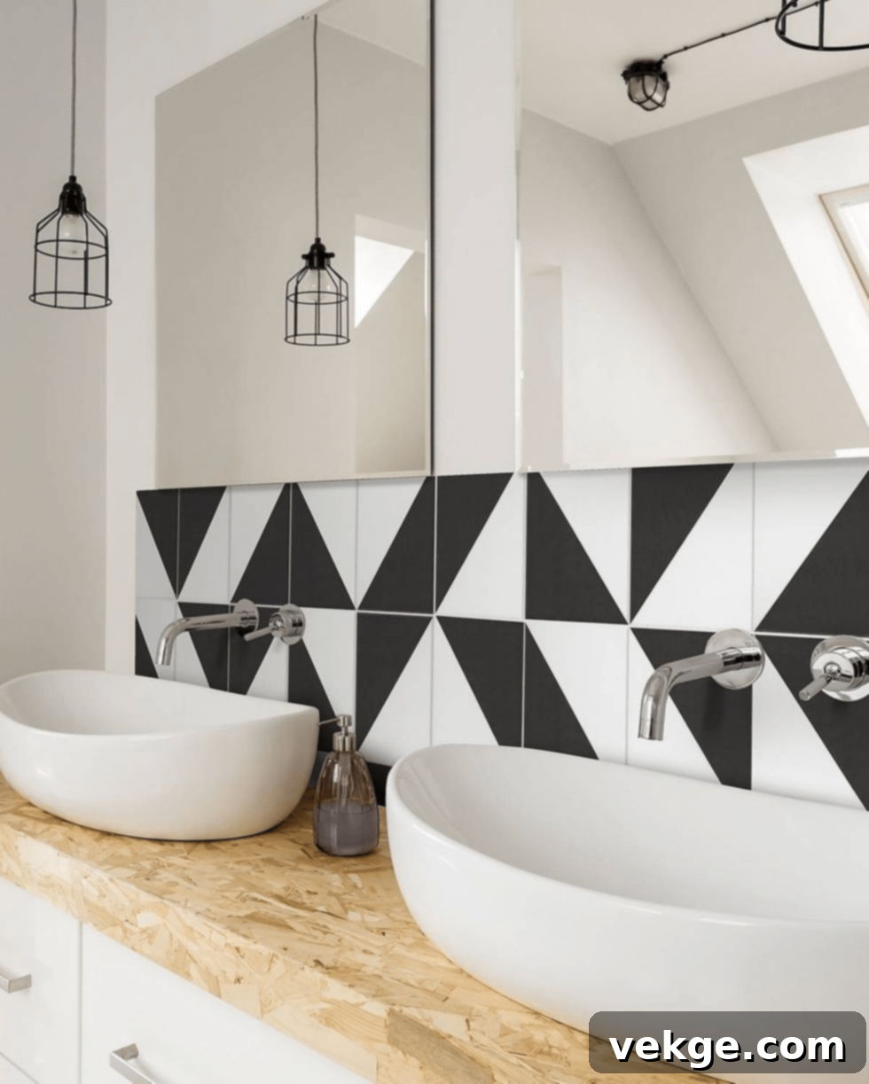 Monochrome geometric pattern tiles in a bathroom