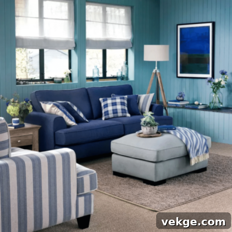 Coastal living room with a striking navy blue sofa and mixed blue hues