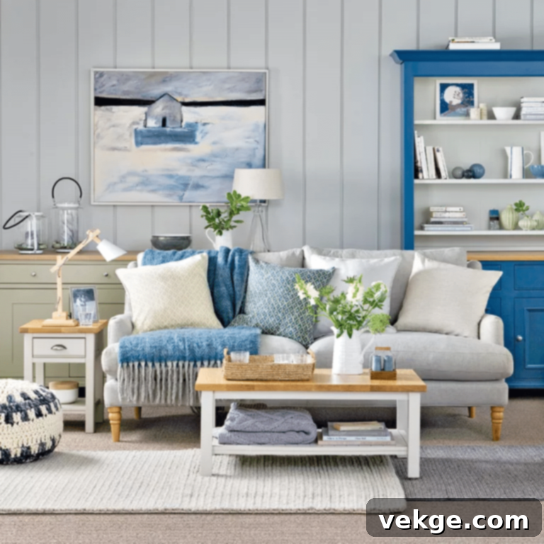 Coastal living room with wooden wall paneling, a bold dresser, and complementary tables