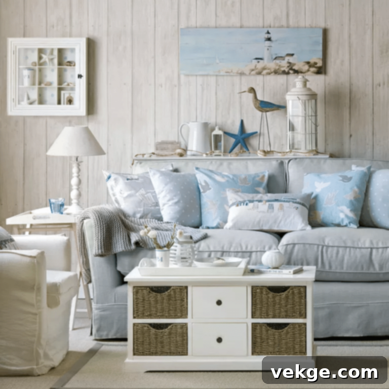 Living room with a charming beach hut look, blue and white colors, and seaside motifs