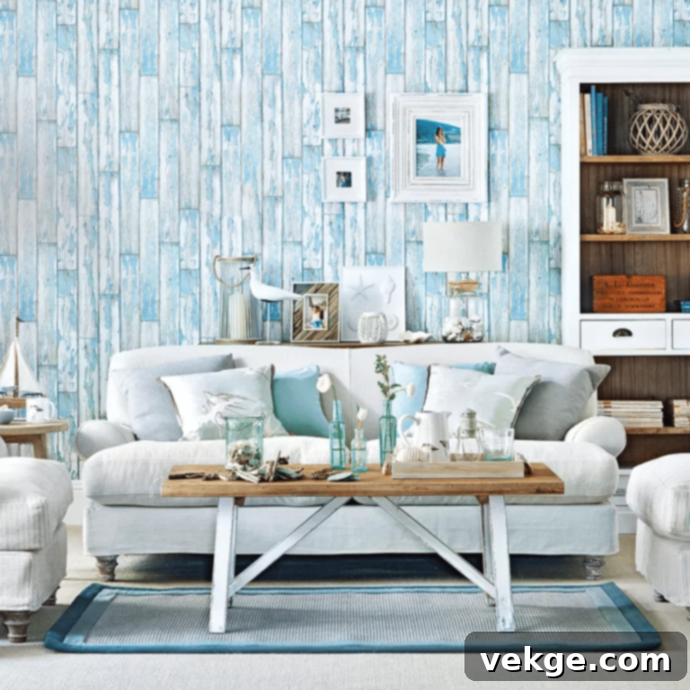 Coastal living room featuring plank wallpaper, weathered furniture, and coastal decor