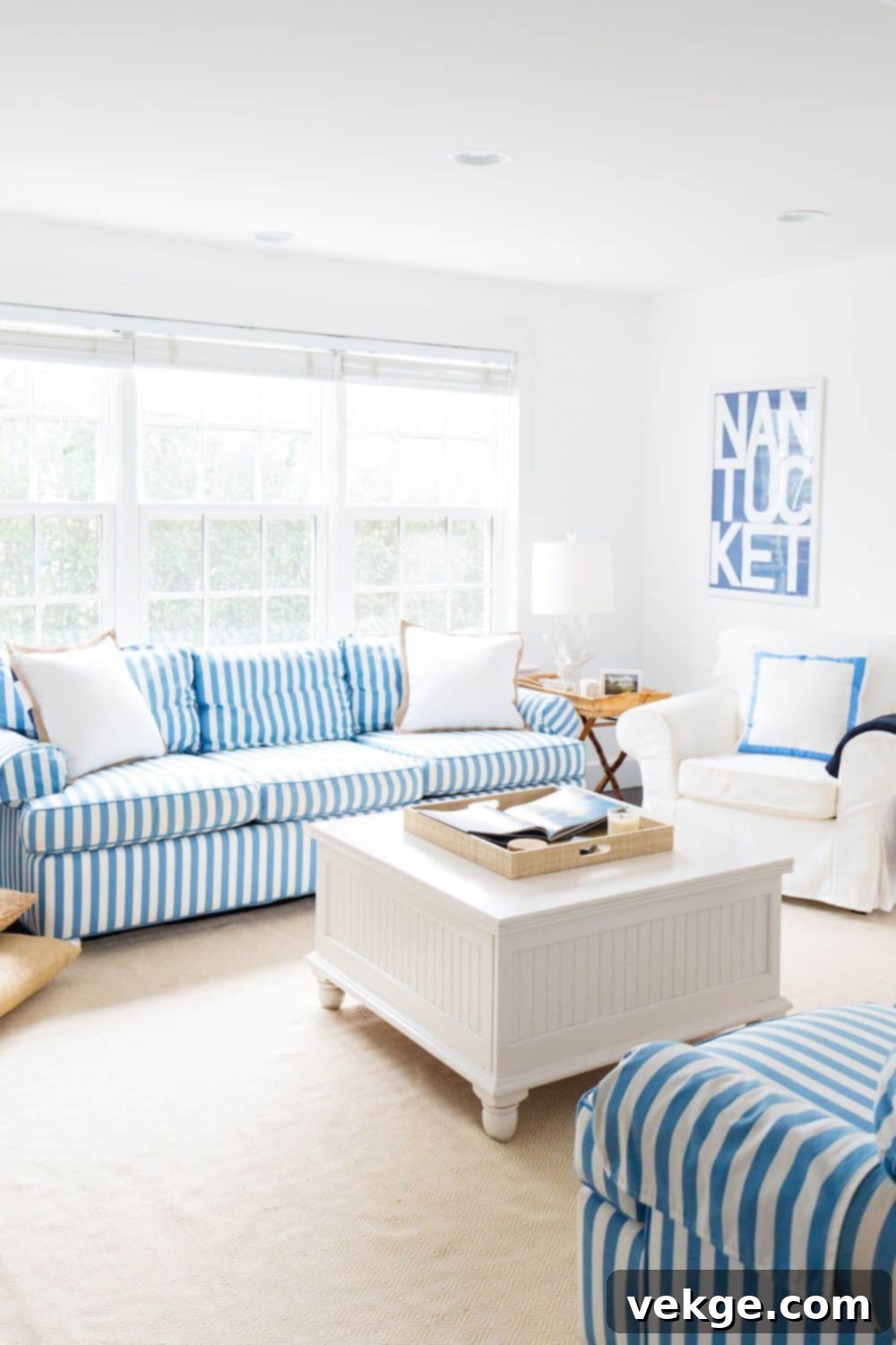 Coastal Living Room with Elegant Blue and White Striped Sofa