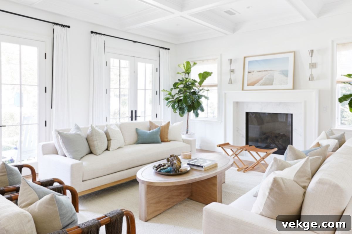 Coastal Living Room with Inviting Beige Sofas and Blonde Wood Coffee Table