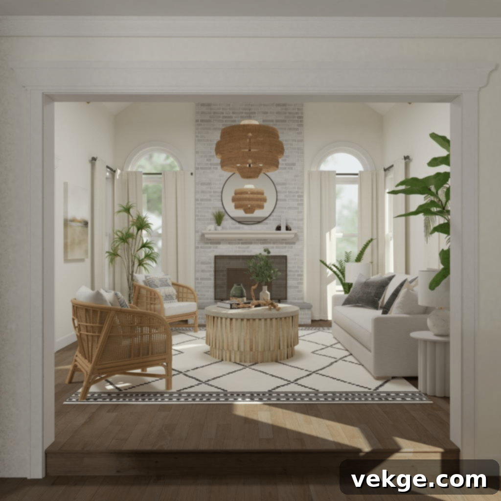 Coastal Living Room featuring Cane Accent Chairs and Navy-White Decor