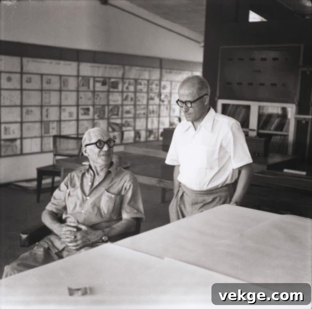 Pierre Jeanneret and Le Corbusier discussing design plans