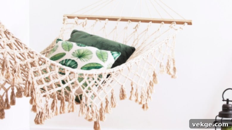 Sunny And Bright Bedroom With Natural String Hammock Plants And