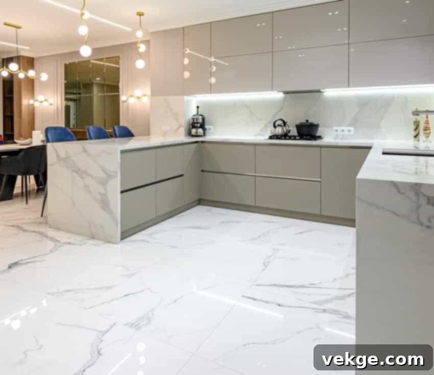 luxury large modern white marble kitchen united with dining room