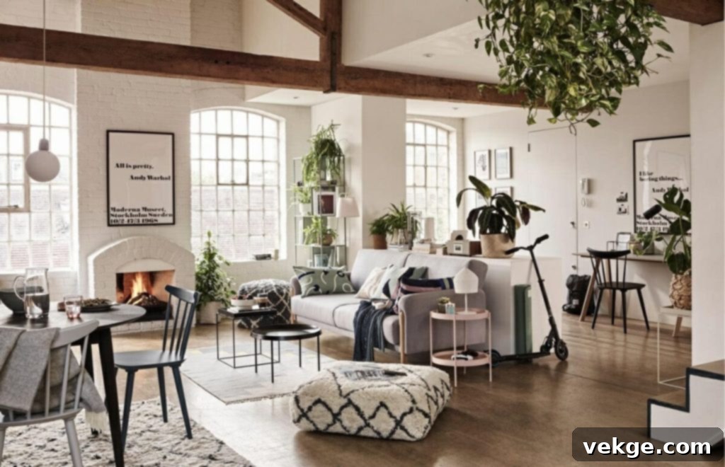 Eclectic interior with an open plan living and dining room