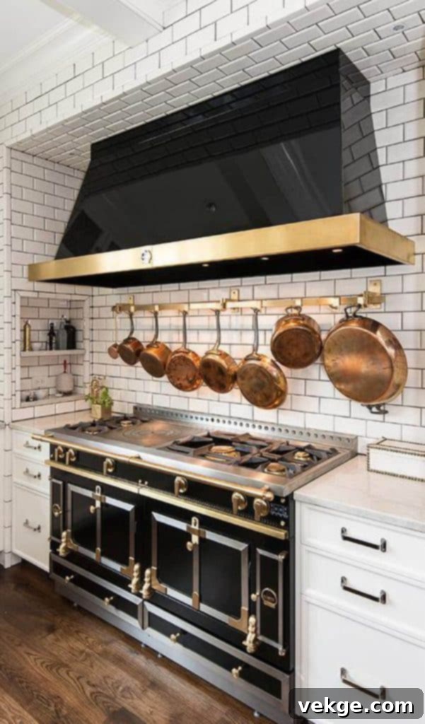Black and gold French stove in a luxurious kitchen