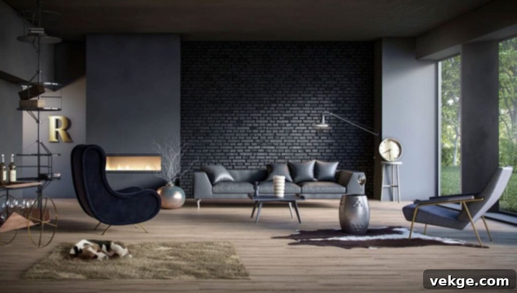 Dramatic black painted brick wall adding texture and depth