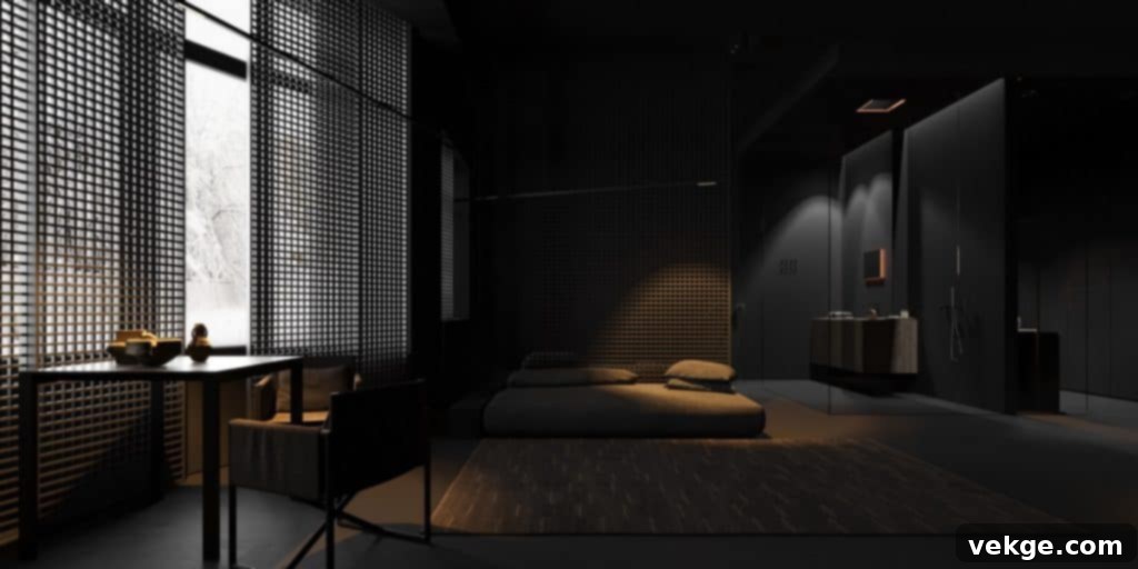 Dark and moody bedroom design with all black elements for sophistication