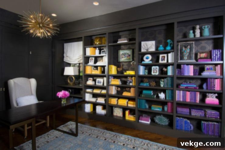 Black bookcase seamlessly integrated into a black wall