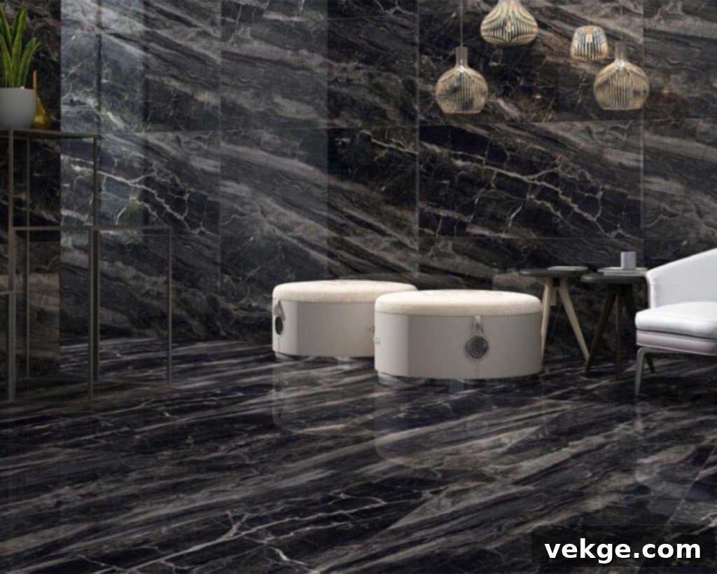 Modern bathroom with stylish glossy black wall tiles