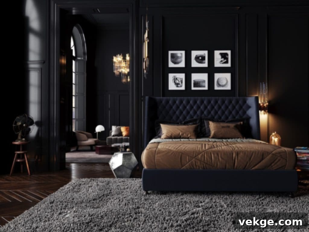 Sophisticated living area with black walls and gold accents