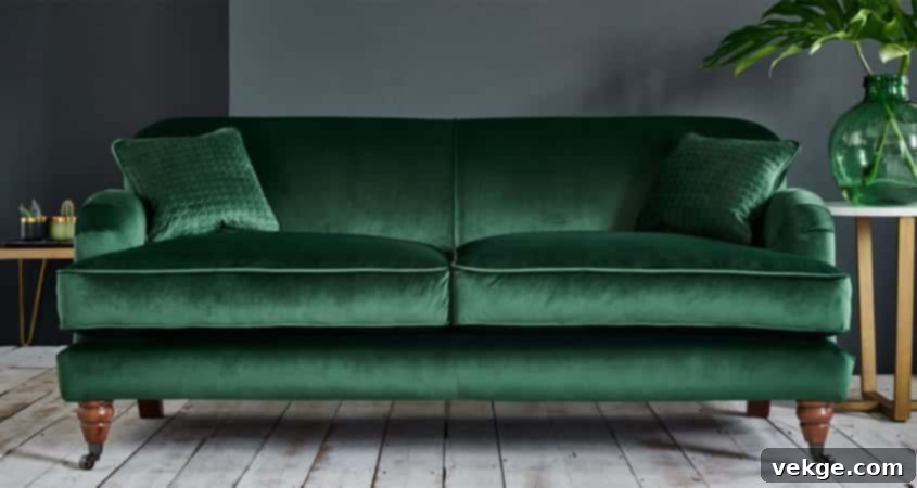 Dark green sofa complementing black walls in a sophisticated room