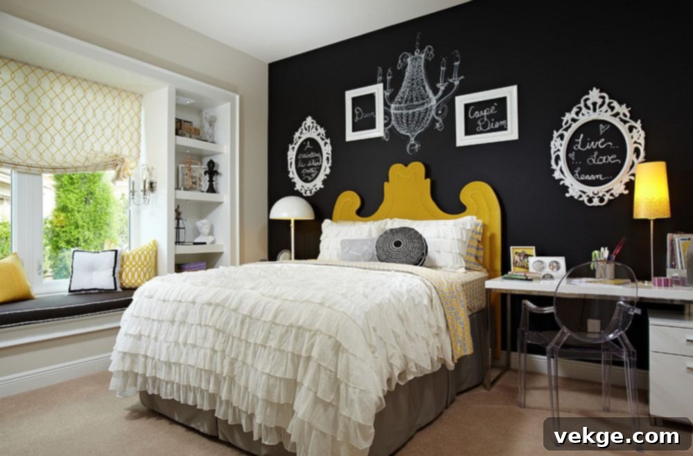 Bedroom with a cozy black accent wall adding intimacy