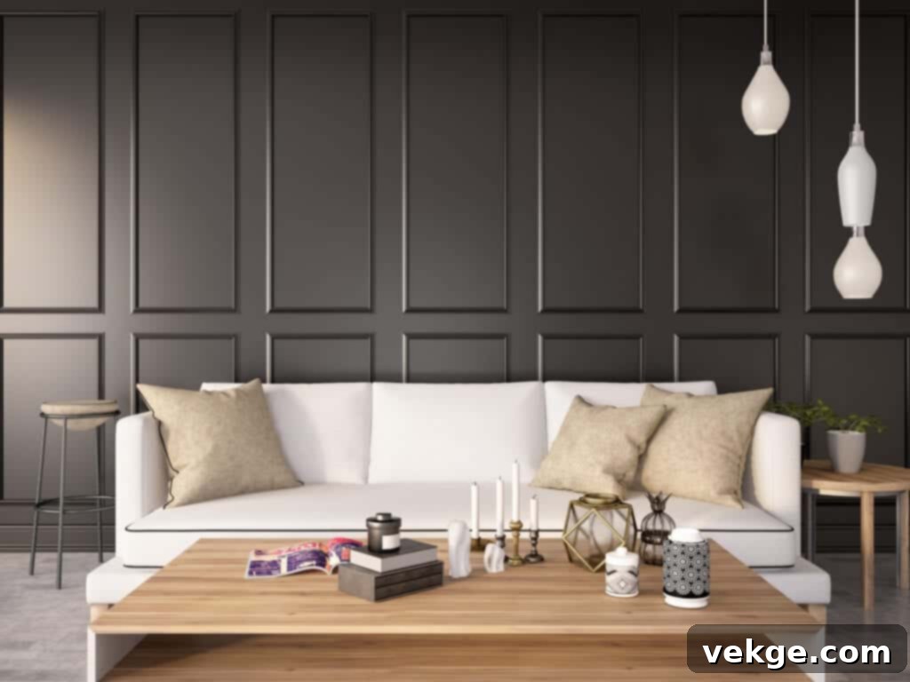 Dramatic statement wall painted black in a modern room