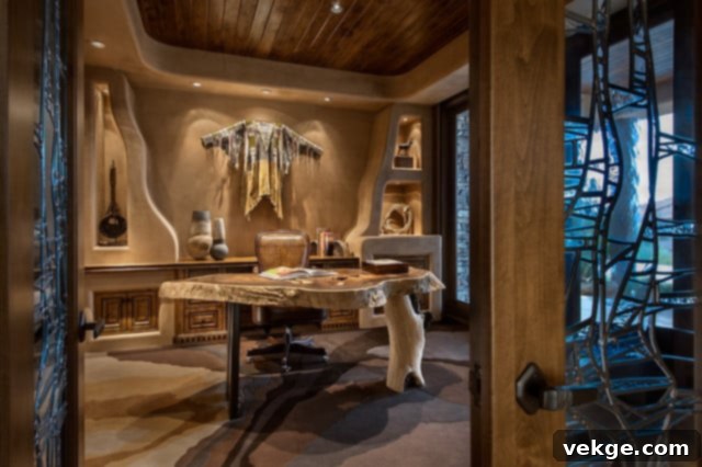 A home office space with a Southwestern design, featuring a colorful woven rug, terracotta decorative items, and a rustic desk, creating a calming and inspiring environment.