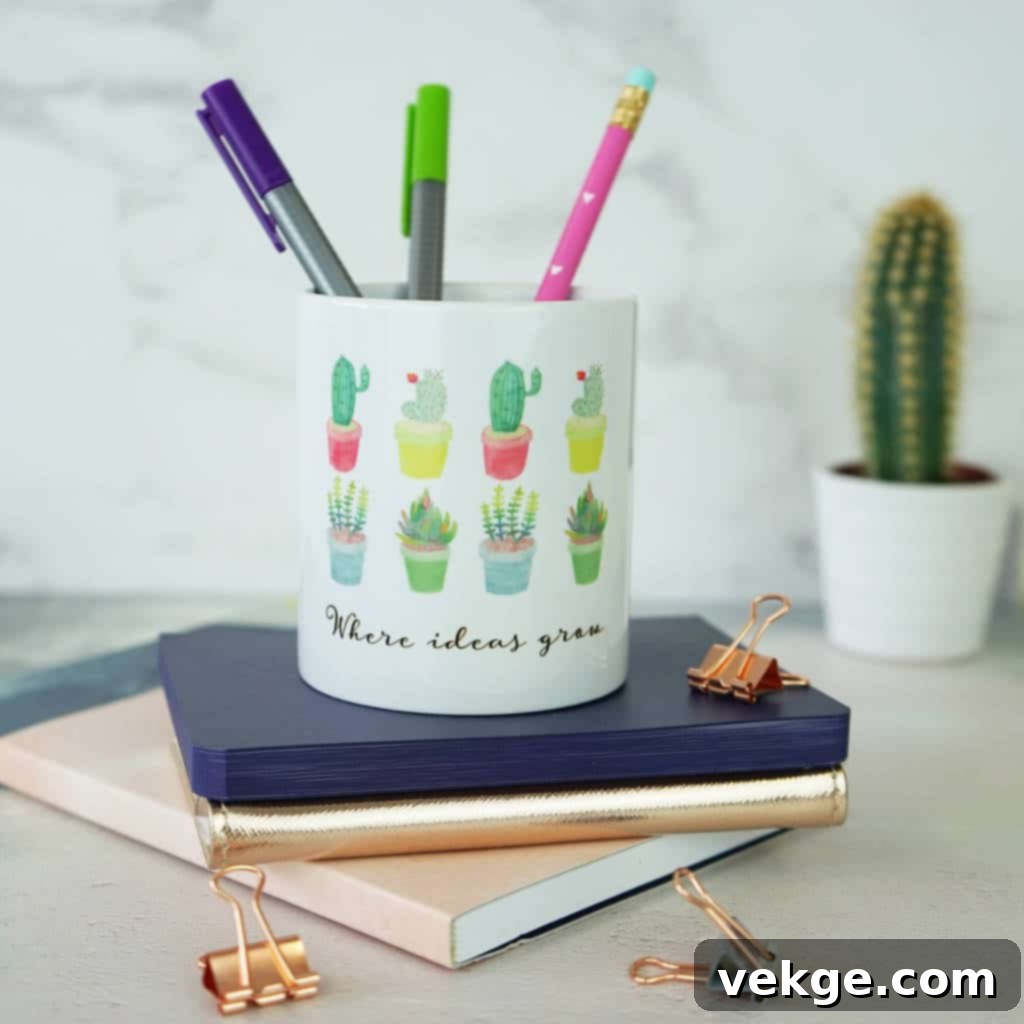A collection of charming ceramic desk accessories, including a handcrafted pencil pot, harmonizing with natural elements like a small potted plant and rustic wood textures on a desk.