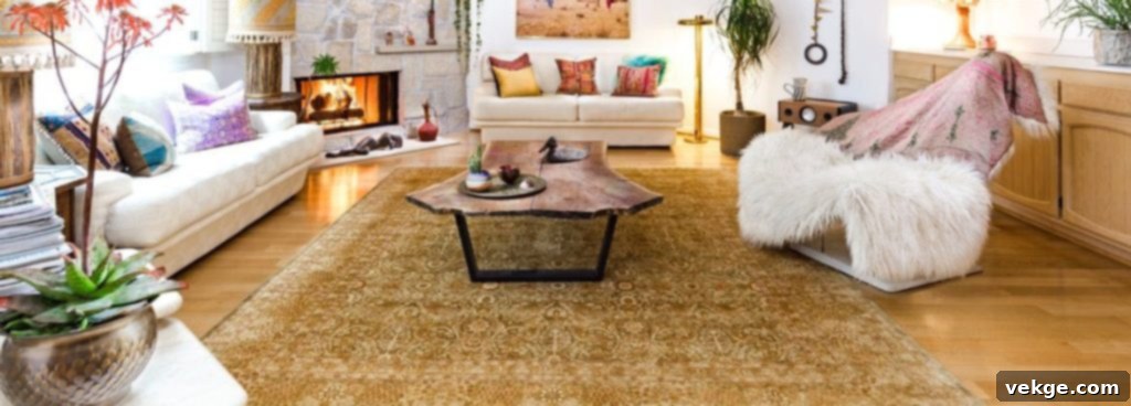 A spacious living room featuring a large earth-toned rug with a subtle tribal pattern, anchoring the Southwestern decor and complementing other rustic furniture and accents.