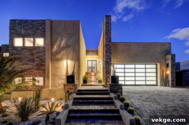 A beautiful Southwestern style home exterior featuring light-colored stucco walls, a red tile roof, and desert landscaping with cacti, evoking a warm and inviting desert aesthetic.
