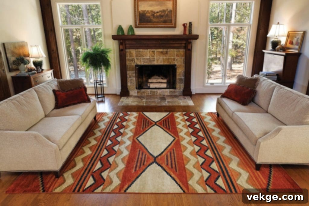 A cozy Southwestern living room with a cobblestone fireplace, warm neutral sofas, and vibrant textiles in reds and oranges, creating a comfortable and inviting atmosphere.