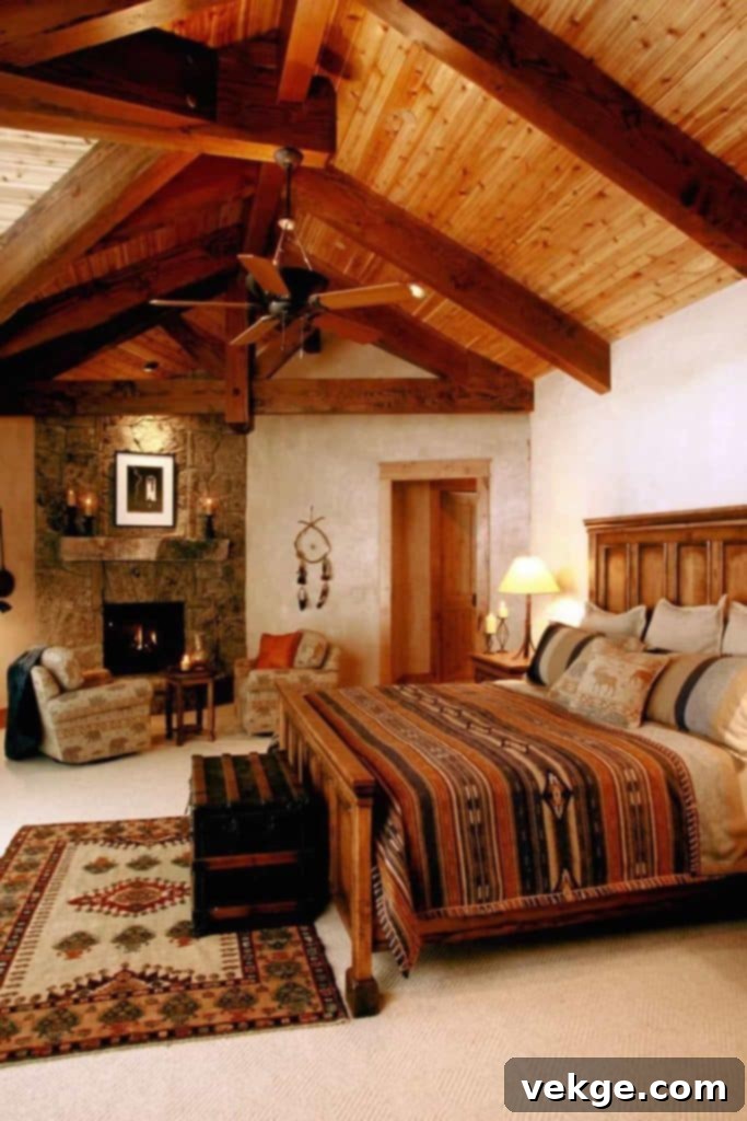 A tranquil Southwestern bedroom combining modern and rustic elements with neutral textured fabrics, wooden furniture, and desert-inspired wall art for a calming ambiance.