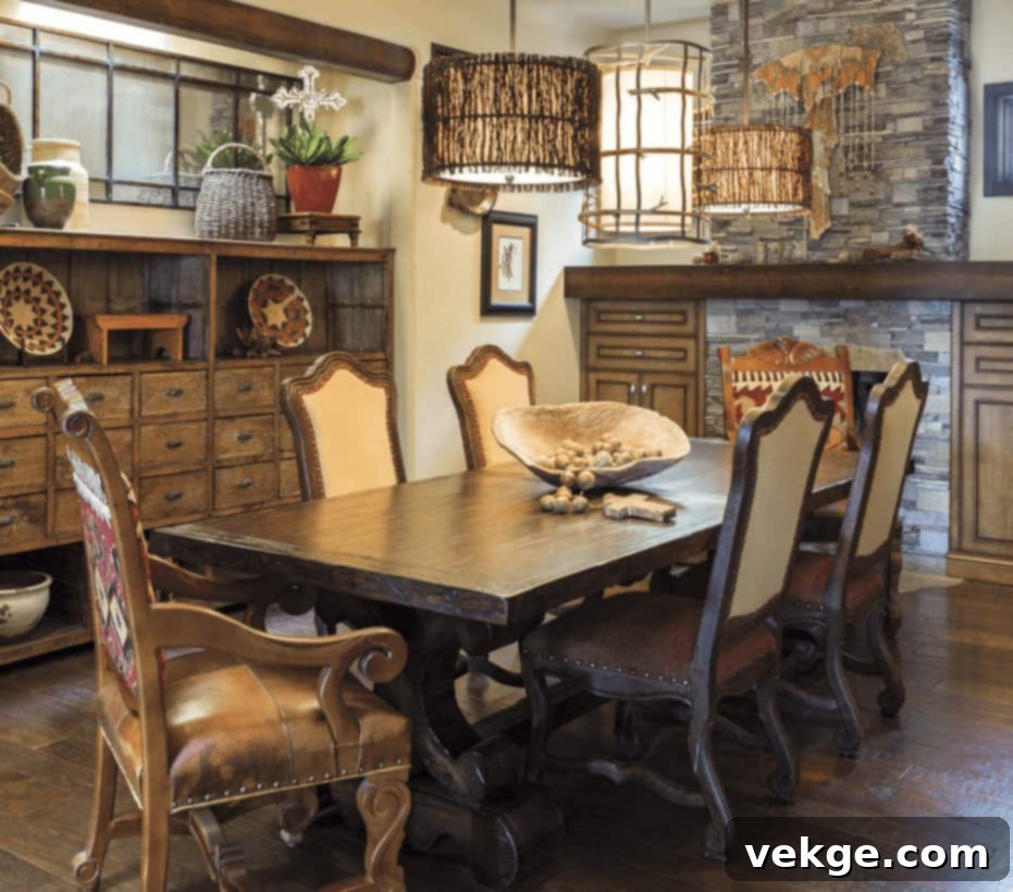 A splendid Southwestern dining room featuring a robust wooden table, iron accents, colorful textiles, and large sliding doors for natural light, creating a rustic yet elegant atmosphere.