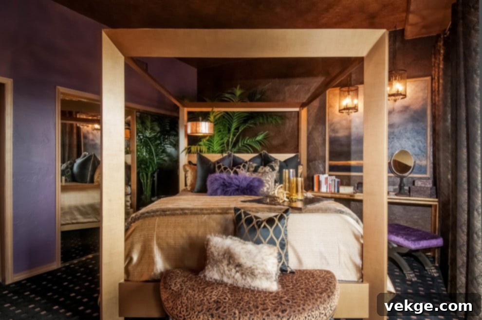 royal jewel tone bedroom with gold accents