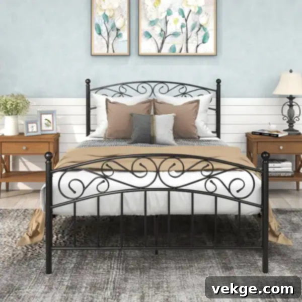chic glam bedroom with retro metal headboard