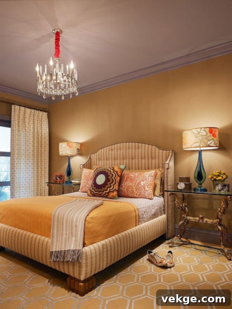 glamorous Victorian bedroom with gold table lamp