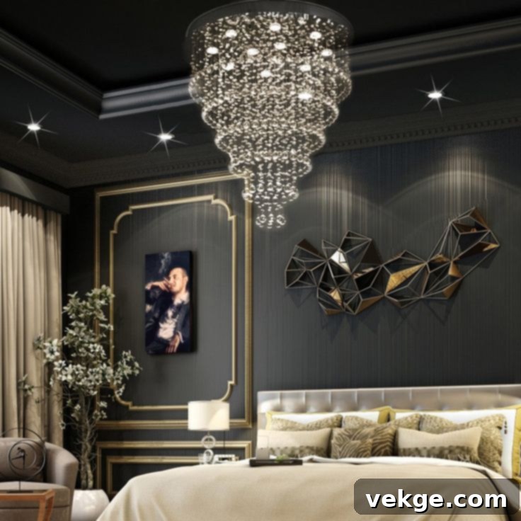 ultra-luxurious bedroom with crystal chandelier and tulip glass candlestick