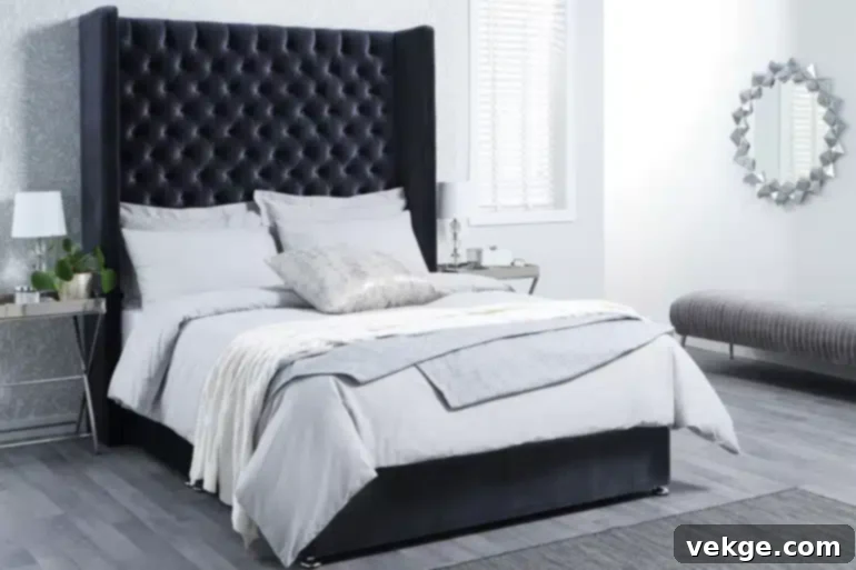 chic bedroom with a luxurious tufted headboard