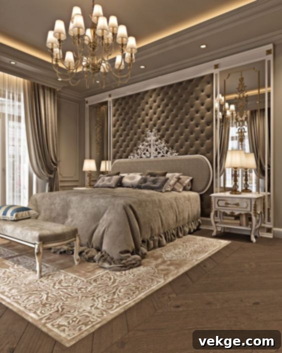 glam bedroom with mixed metallic accents and crystal