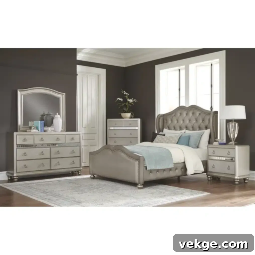 chic glam bedroom with matching metallic nightstands
