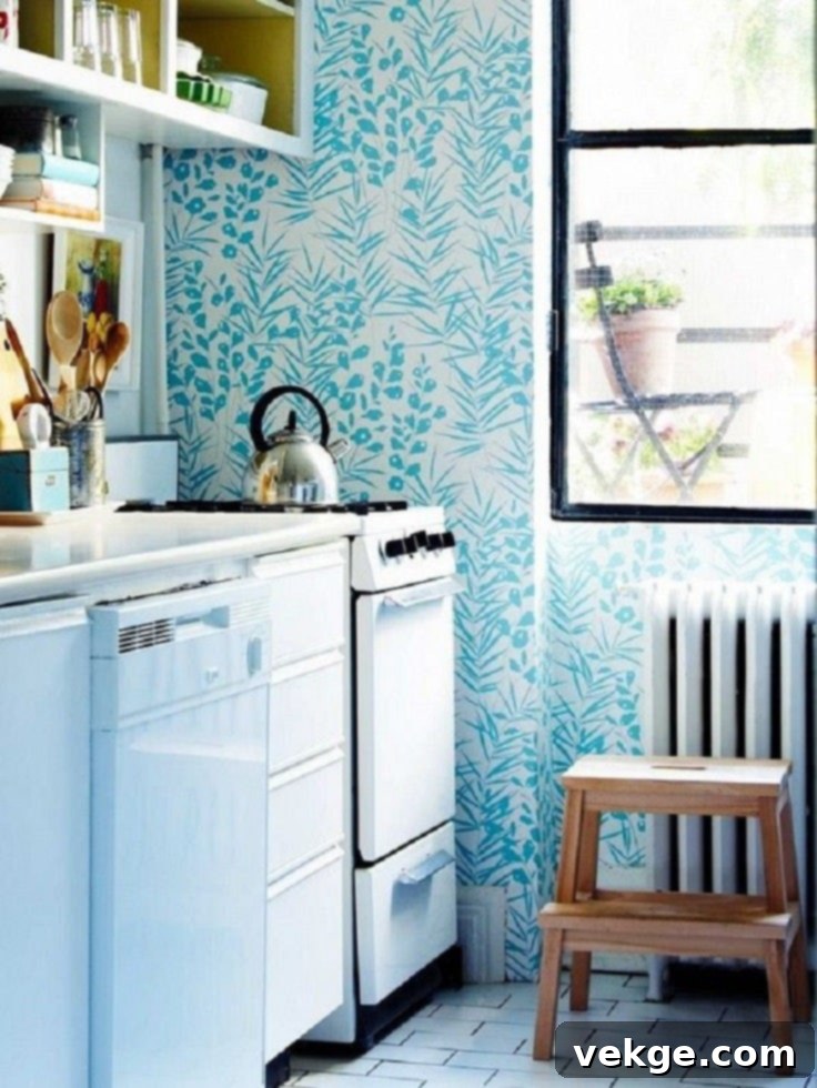 Wall paper decor: A kitchen featuring bright, patterned wallpaper, adding a unique and bohemian touch to the decor.