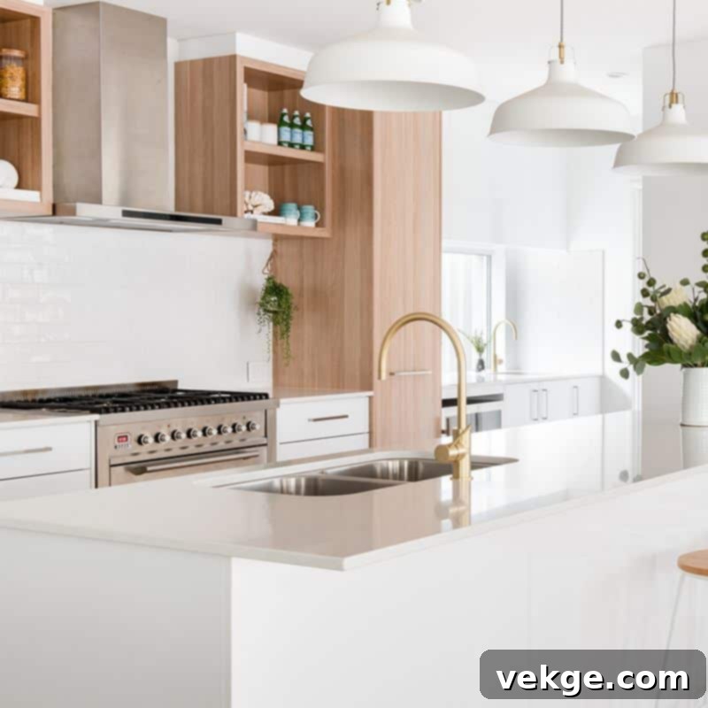Boho kitchen standard features: A kitchen showcasing typical Bohemian features like open shelving, natural wood, and green plants.