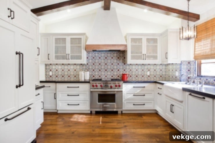 Tile Kitchen Decor: A kitchen floor featuring blue and red Mediterranean-style tiles enhancing the Boho aesthetic.