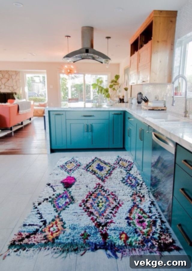 Rustic Shine with Ethnic Rugs: A Boho kitchen featuring a vibrant ethnic rug and arched wall details, adding rustic charm.