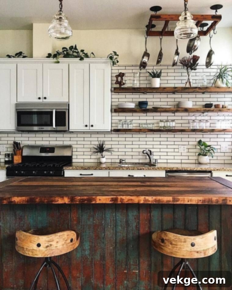 Wooden shelves: A kitchen with open wooden shelves displaying cookbooks, decorative items, and dinnerware.