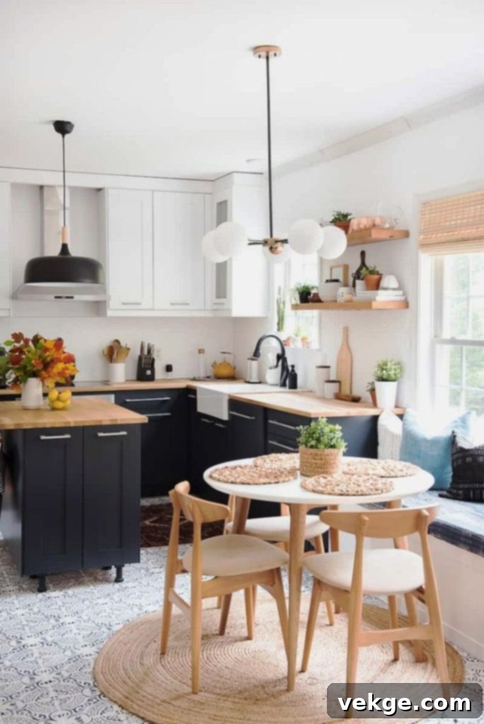 Boho Mid Century mix: A kitchen blending Bohemian and Mid-Century Modern styles with natural wood, modern appliances, and subtle patterns.