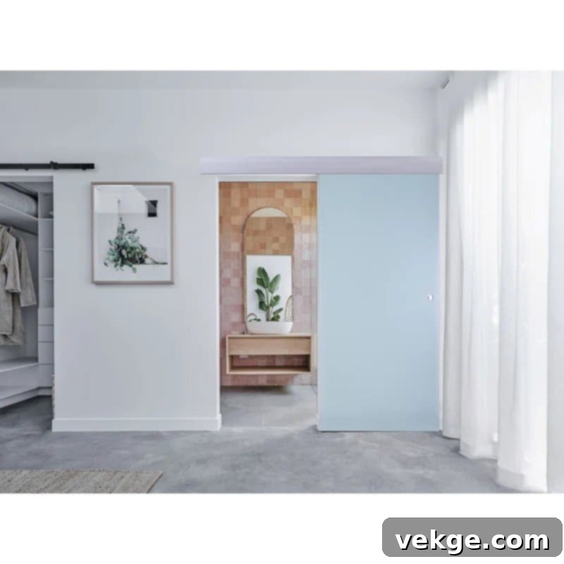 Blue-Toned Frosted Glass Barn Door for a Subtle Color Splash