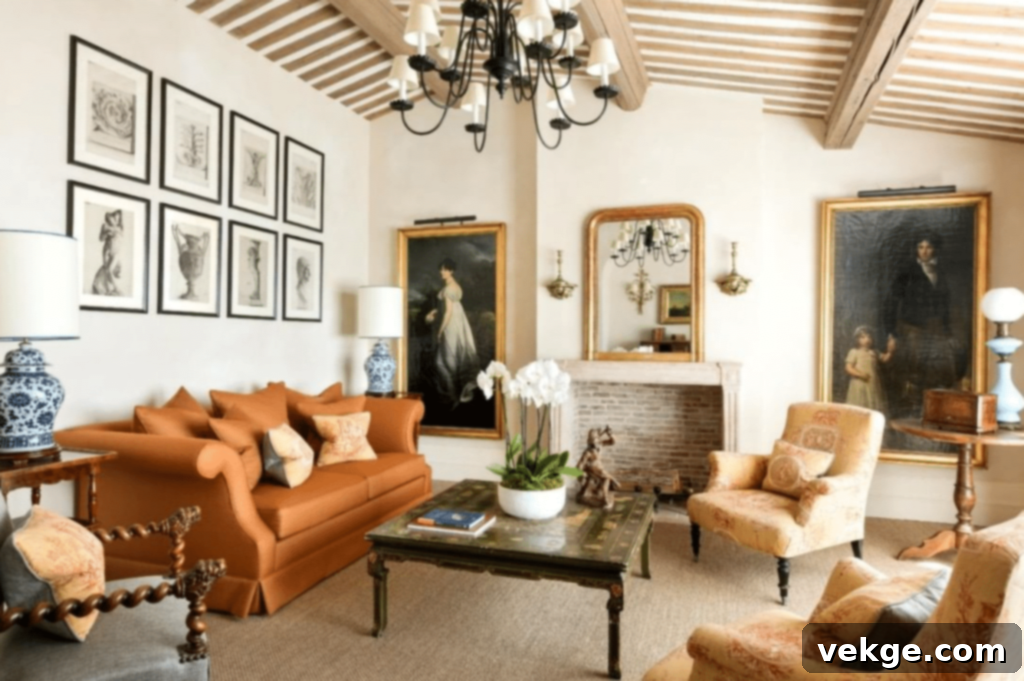 Orange Sofa as a Statement Piece in French Country Living Room