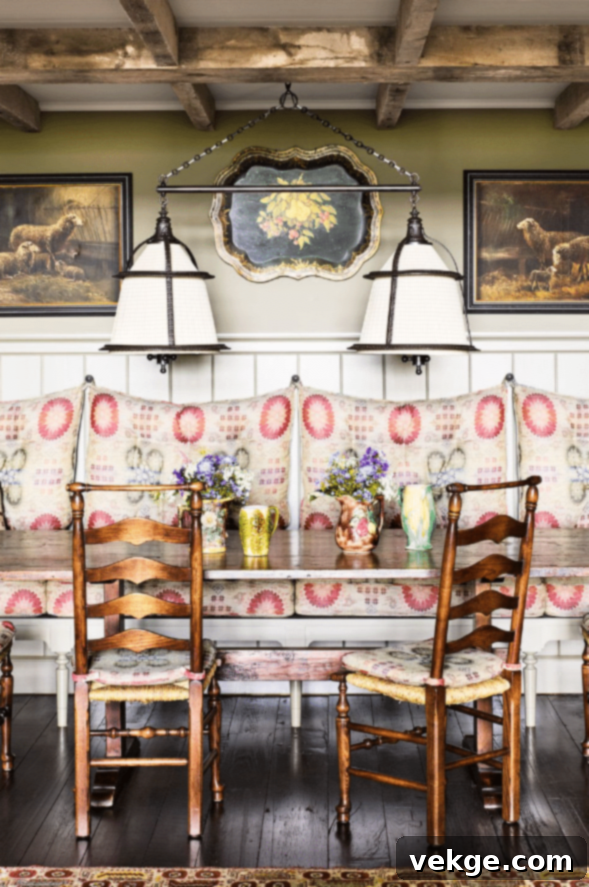 Exposed Ceiling Beams in French Country Dining Area